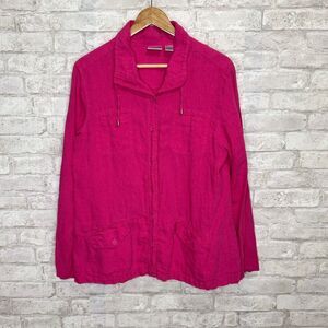 Chicos 100% Linen Jacket 2 Medium Pink Utility Pockets Button Up Roll Tab Sleeve